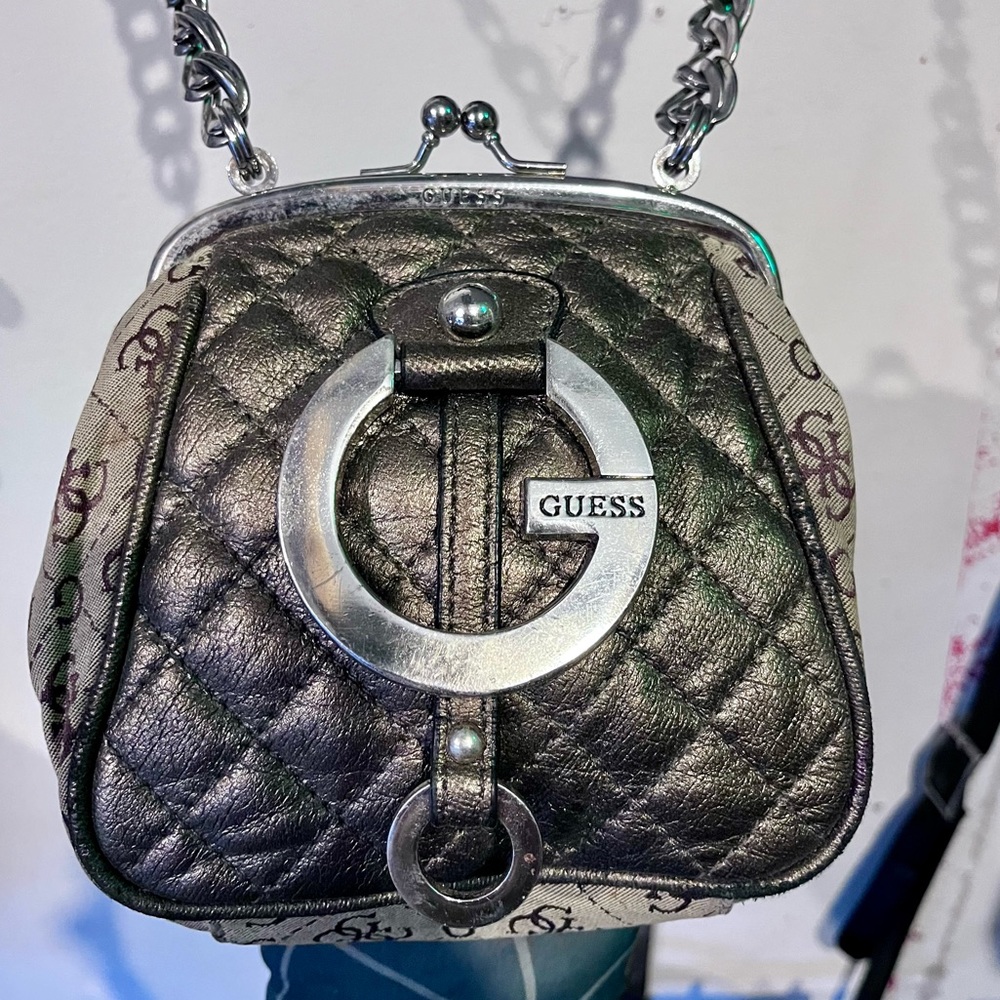 GUESS Y2K Mini Bag, monogrammed in taupe and medium brown with chrome accents!